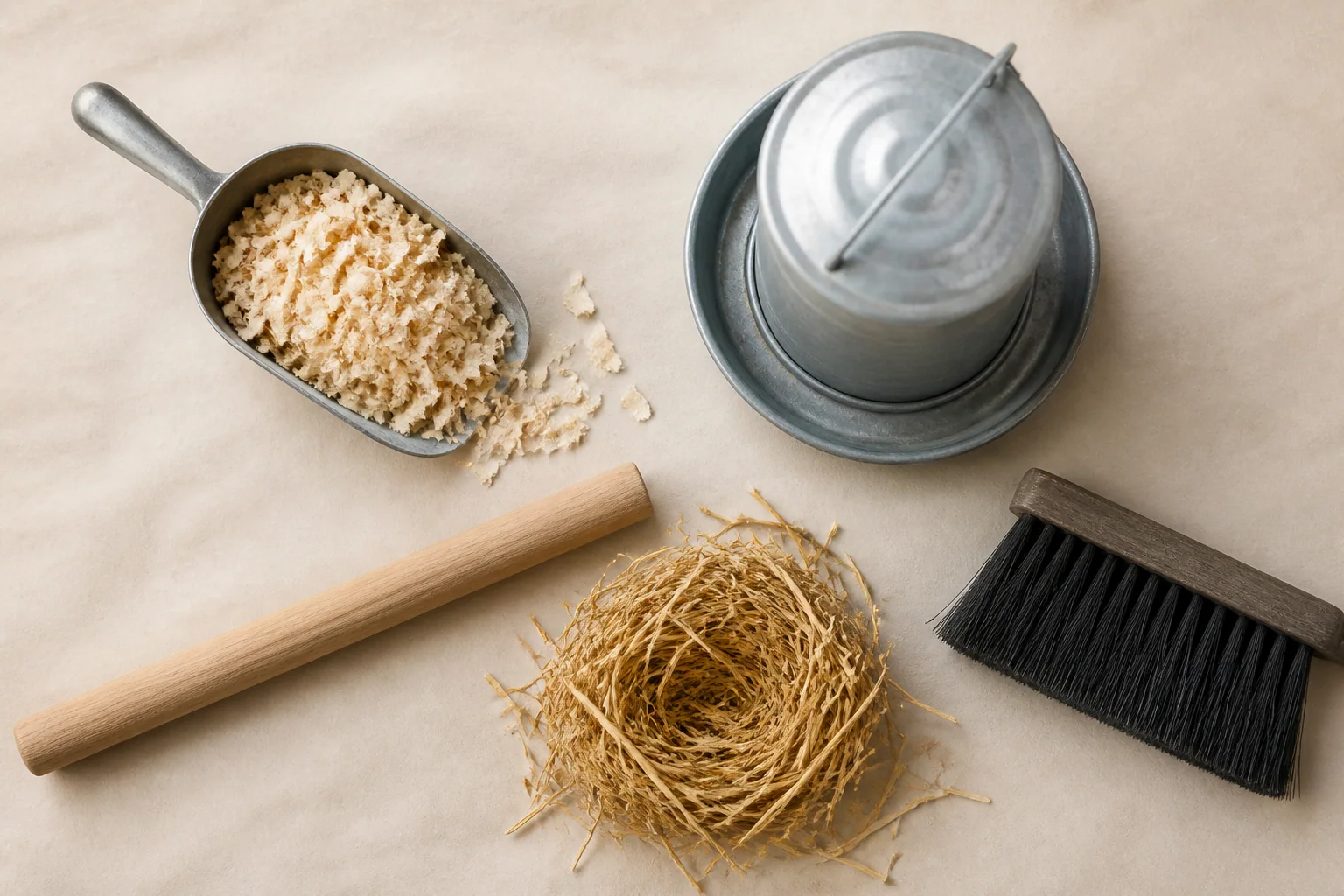 Editorial material reference: waterer, shavings, perch sample, nest material, and cleaning brush.